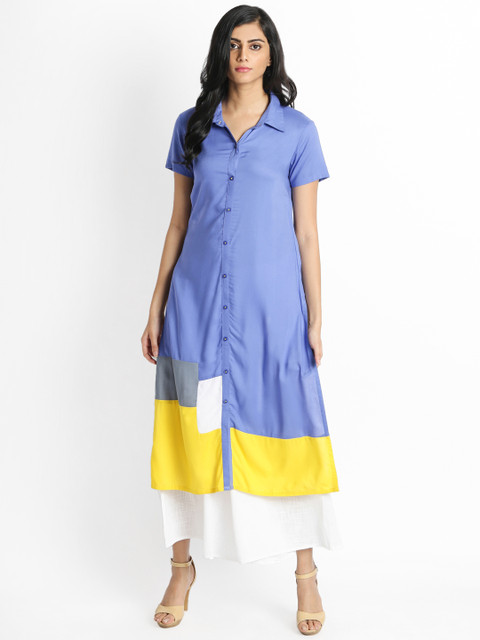 

RANGMANCH BY PANTALOONS Women Blue Colourblocked A-Line Kurta