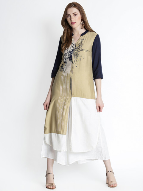 

RANGMANCH BY PANTALOONS Women Beige & Navy Blue Printed A-Line Kurta