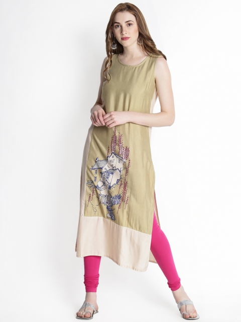 

RANGMANCH BY PANTALOONS Women Beige & Olive Green Printed Straight Kurta