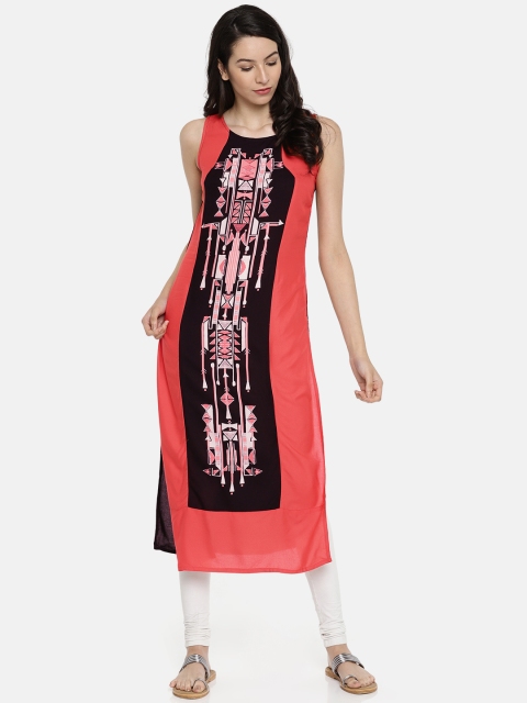 

RANGMANCH BY PANTALOONS Women Black & Coral Pink Printed Straight Kurta