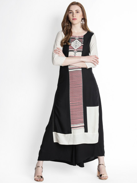 

RANGMANCH BY PANTALOONS Women Black & Beige Printed A-Line Kurta