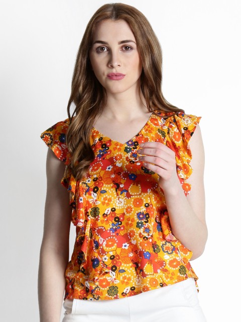 

AKKRITI BY PANTALOONS Women Mustard Yellow & Orange Floral Print Top