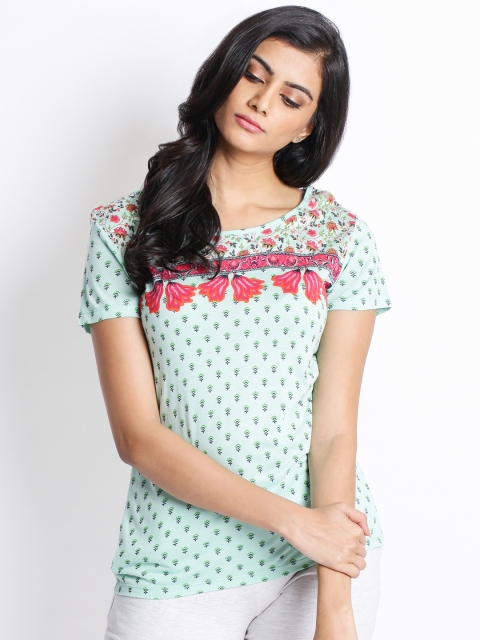 

Ajile by Pantaloons Women Sea Green Printed Round Neck T-shirt