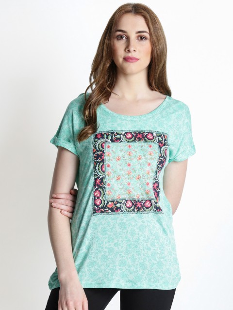 

Ajile by Pantaloons Women Sea Green Printed Round Neck T-shirt