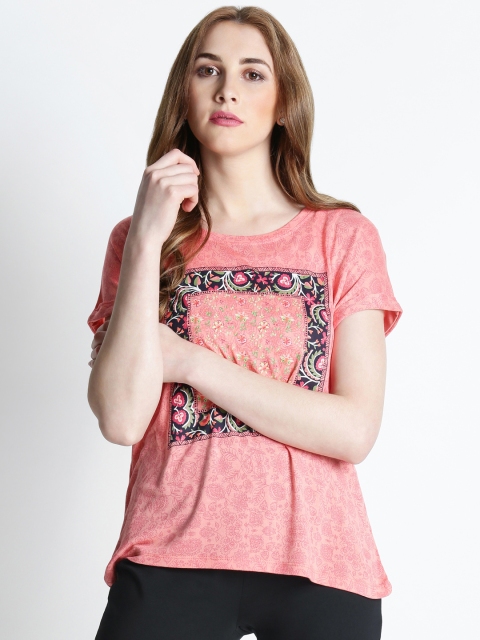 

Ajile by Pantaloons Women Coral Pink Printed Round Neck T-shirt