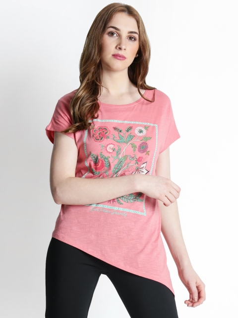 

Ajile by Pantaloons Women Coral Pink Printed Round Neck T-shirt