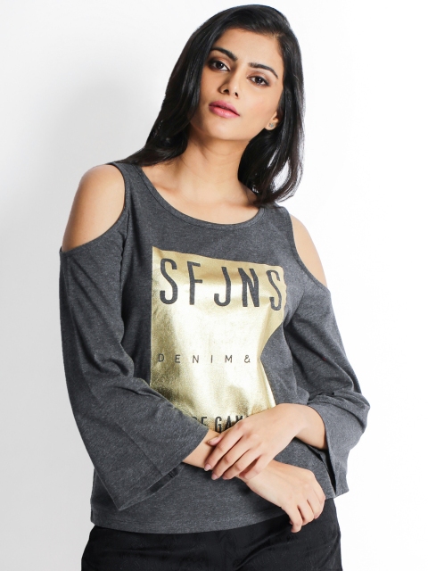 

SF JEANS by Pantaloons Women Charcoal Grey Printed Round Neck T-shirt