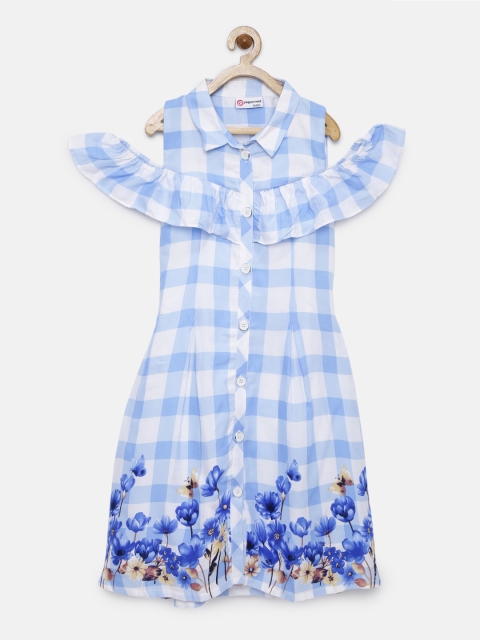 

Peppermint Girls Blue Checked & Printed A-Line Dress