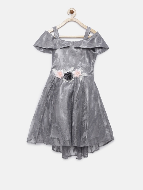 

Peppermint Girls Grey Self Design Fit and Flare Dress