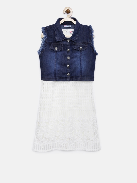 

Peppermint Girls Off-White Self Design A-Line Dress with Denim Jacket