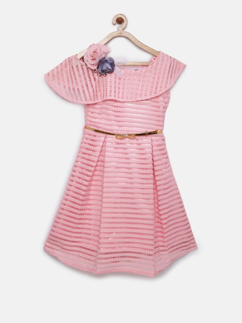 

Peppermint Girls Pink Self Design A-Line Dress