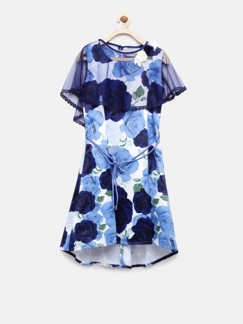 

Peppermint Girls Blue Printed Fit and Flare Dress with Poncho