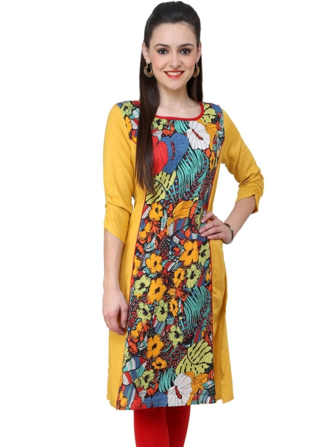 

Pannkh Women Mustard Yellow & Blue Floral Print A-Line Kurta