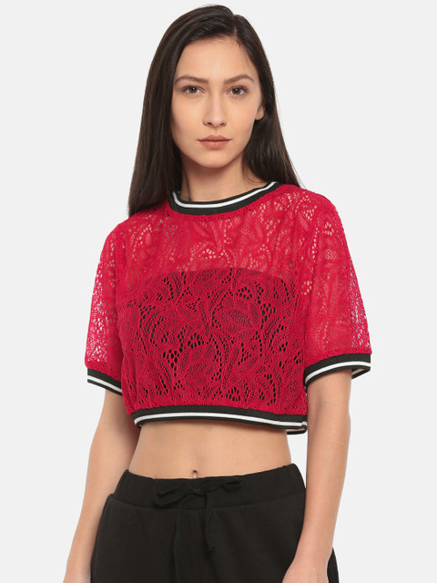 

Jealous 21 Women Red Self-Design Sheer Crop Top