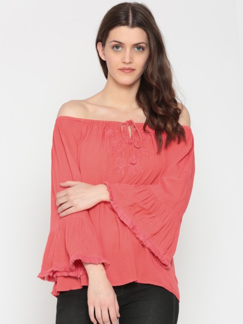 

Jealous 21 Women Coral Pink Solid Bardot Top