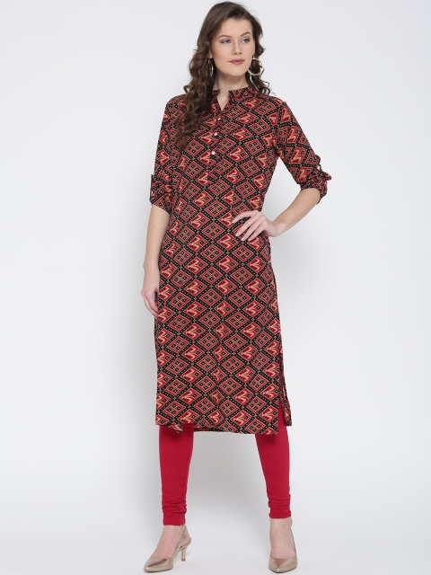 

Jashn Women Black & Red Printed Crepe Straight Kurta