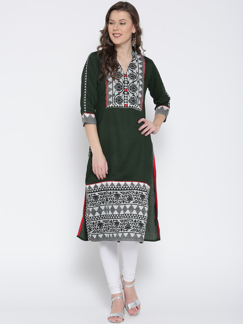 

Jashn Women Dark Green Printed Straight Kurta