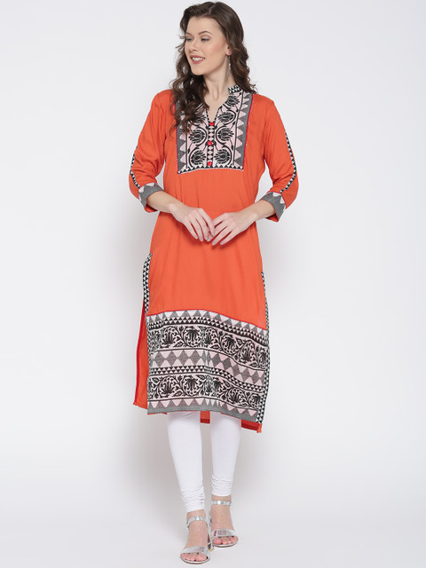 

Jashn Women Orange & Black Yoke Design Straight Kurta