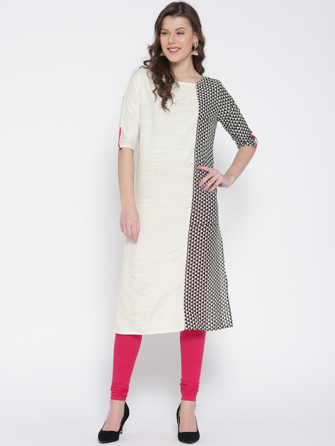 

Jashn Women White & Black Printed Straight Kurta