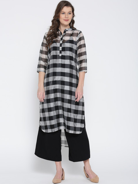 

Jashn Women Black & Grey Checked Straight Kurta