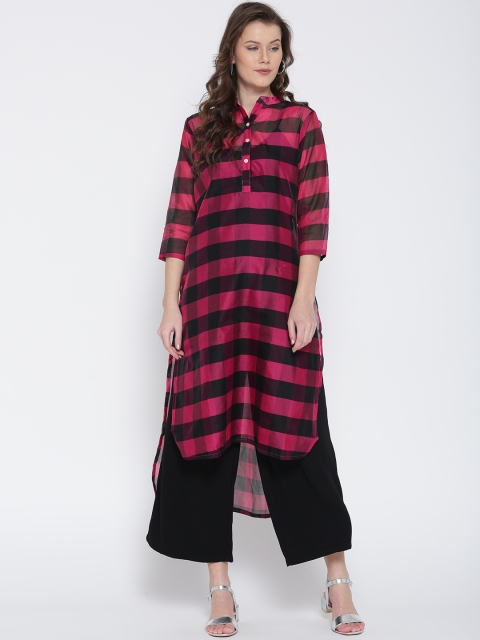 

Jashn Women Pink & Black Checked High-Low Sheer Straight Kurta