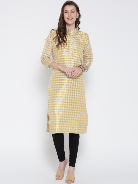 

Jashn Women Off-White & Gold-Toned Checked Straight Kurta