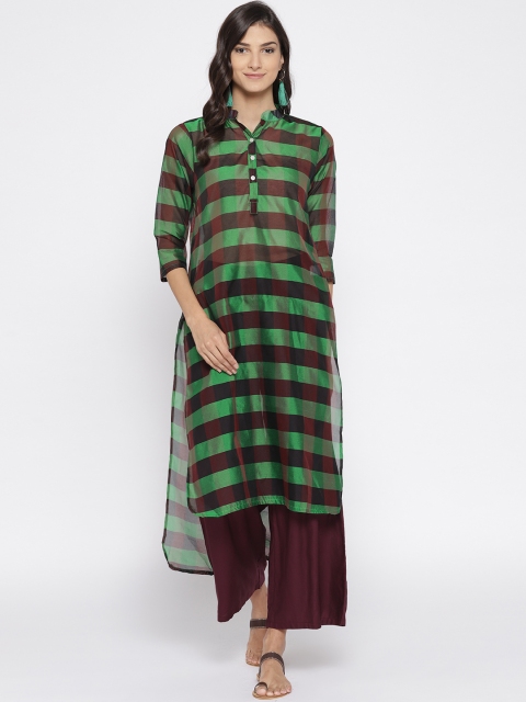 

Jashn Women Green & Black Checked High-Low Straight Kurta