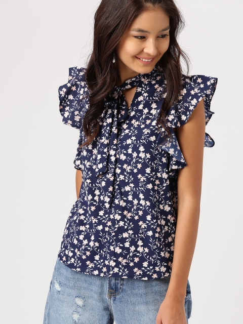 

DressBerry Women Navy Printed Ruffled Top, Navy blue