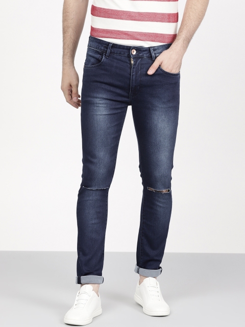 

ether Men Navy Blue Skinny Fit Mid-Rise Clean Denim with Slash Knees