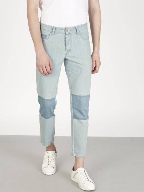 

ether Men Blue Carrot Cropped Mid-Rise Colour Block Jeans