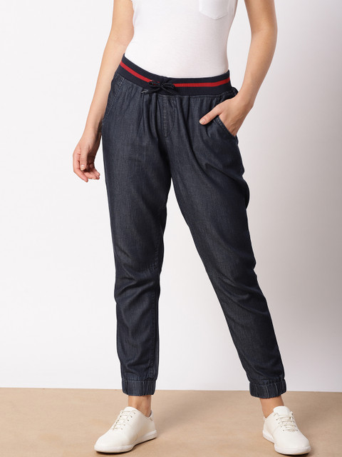 

ether Women Navy Blue Original Fit Solid Chambray Joggers