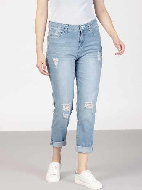 

ether Women Blue Boyfriend Fit Mid-Rise Low Distress Stretchable Jeans