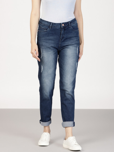 

ether Women Blue Boyfriend Fit Mid-Rise Low Distress Stretchable Jeans