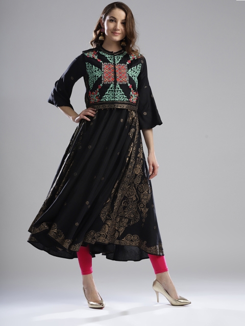 

W Women Black & Golden Printed Anarkali Kurta