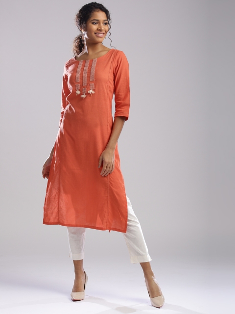 

W Women Orange Solid Straight Kurta