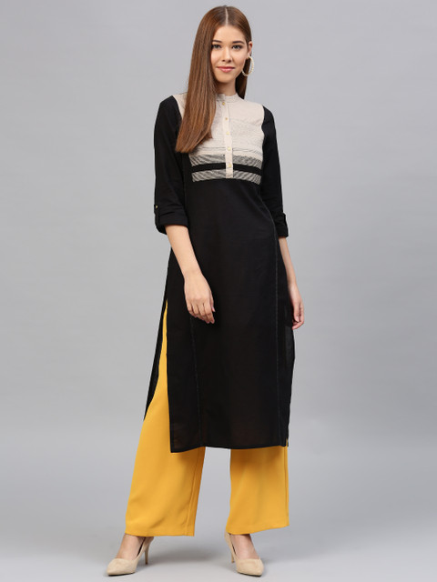 

W Women Black & Beige Colourblocked Straight Kurta