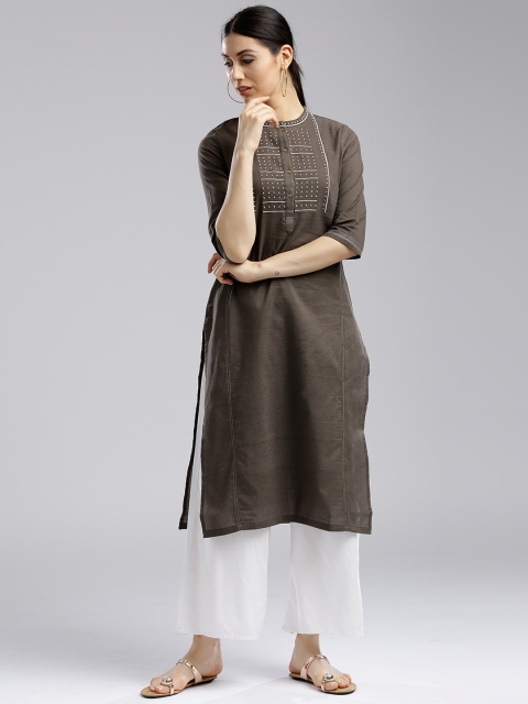 

W Women Charcoal Grey Yoke Design Straight Kurta
