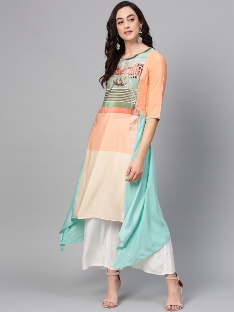 

Wishful by W Women Blue & Peach-Coloured Printed A-Line Kurta