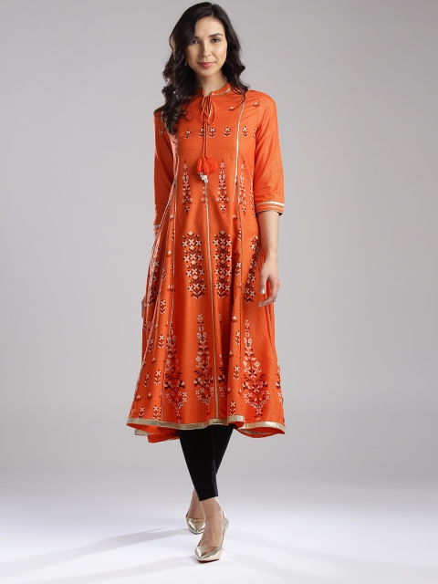 

W Women Orange & Black Printed Anarkali Kurta