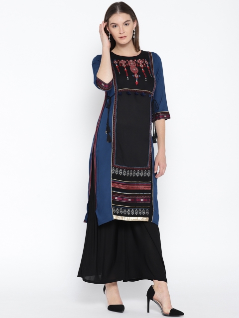 

W Women Black & Navy Blue Yoke Design Straight Kurta