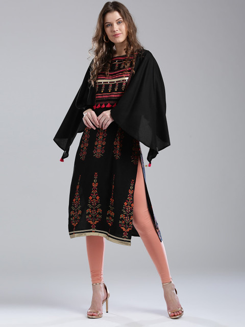 

W Women Black & Pink Printed Straight Sustainable Kurta