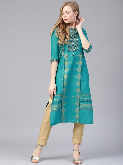

W Women Turquoise Blue Printed Straight Kurta