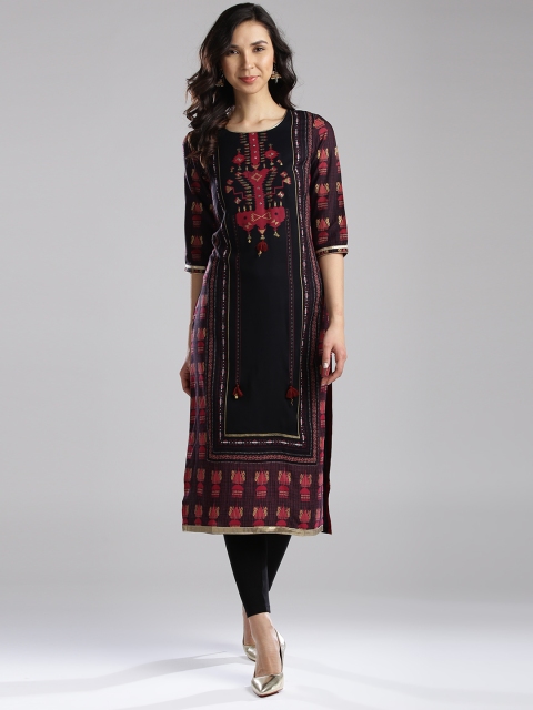 

W Women Black & Pink Printed Straight Kurta