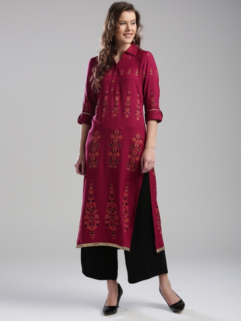 

W Women Maroon Printed Straight Kurta