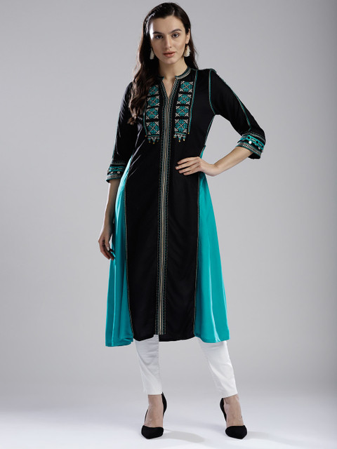 

W Women Black & Sea Green Colourblocked A-Line Kurta