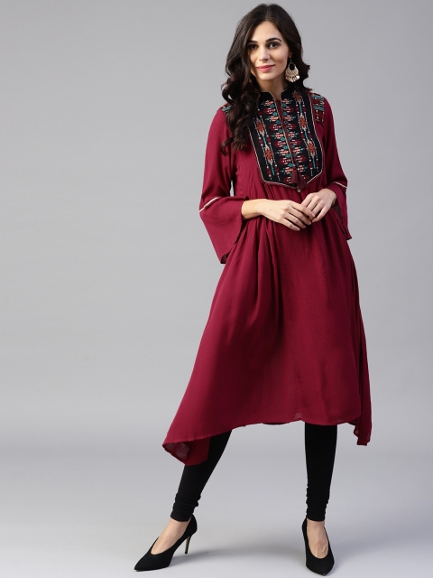 

W Women Maroon Yoke Design A-Line Kurta