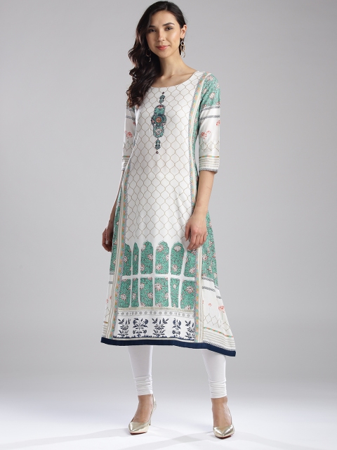 

W Women White & Sea Green Printed A-Line Kurta