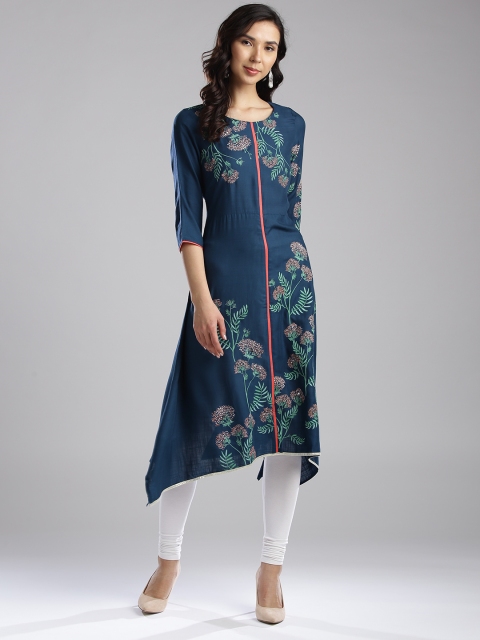 

W Women Navy Teal Blue & Green Printed Asymmetrical Hem A-Line Kurta