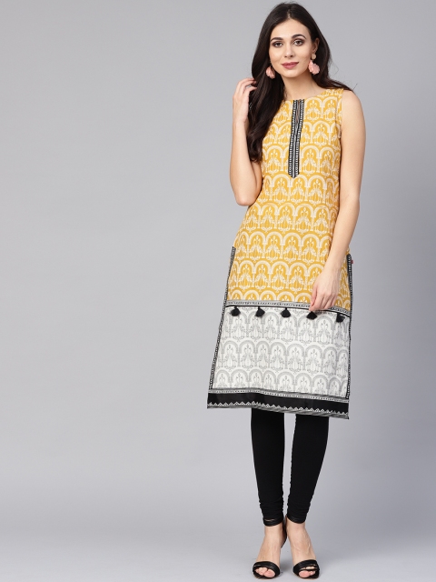 

W Women Mustard Yellow & White Printed Straight Kurta