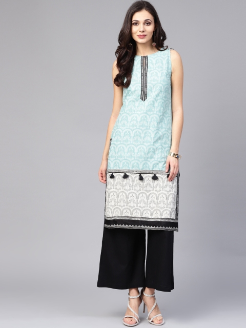 

W Women Blue & White Printed Straight Kurta